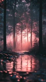 Misty Forest Path at Dawn with Golden Light.