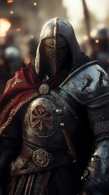 Hooded crimson paladin stands amid embers and iron ranks.