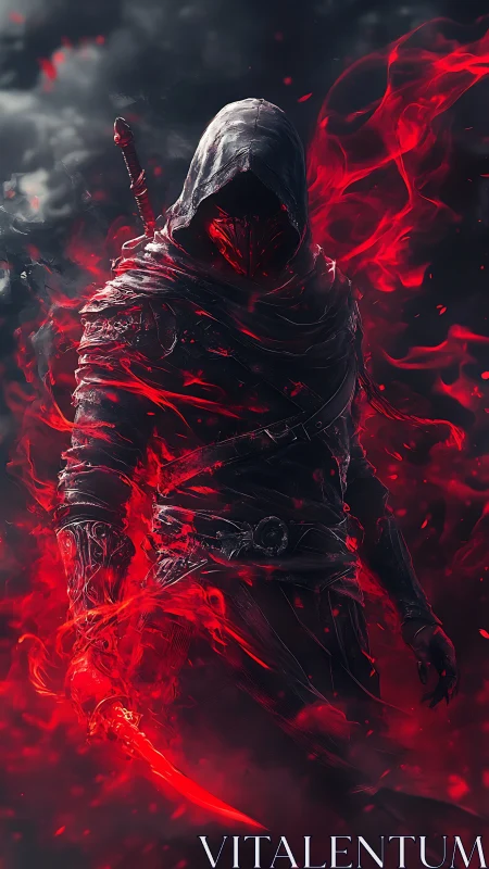 Mysterious firebound rogue wrapped in swirling crimson flames.