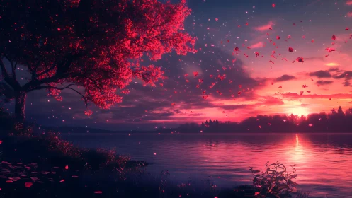Digital painting of crimson lakeside tree at sunset glow.