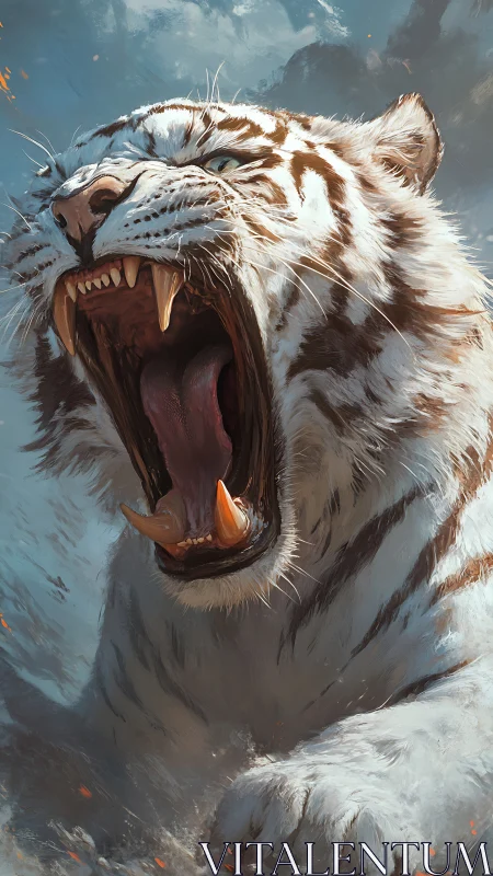 White tiger roaring in motion with powerful open jaws.
