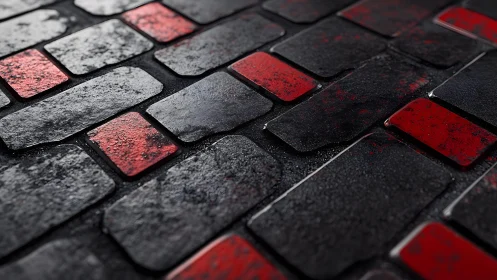 Wet Black and Red Brick Pavement in Modern Urban Style.