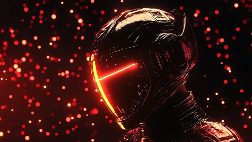 Luminous cybernetic helmet glows amid drifting red particles