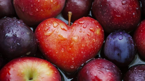 Macro heart-shaped apple amid plums in saturated color study.