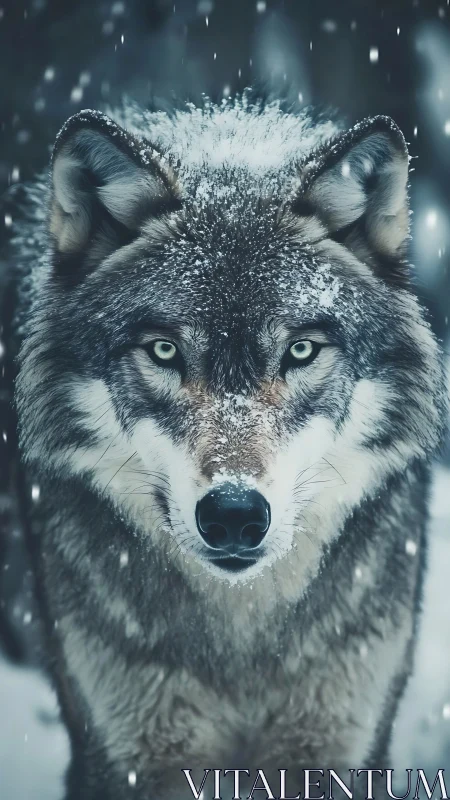 Snow-dusted wolf stares forward through falling winter frost.
