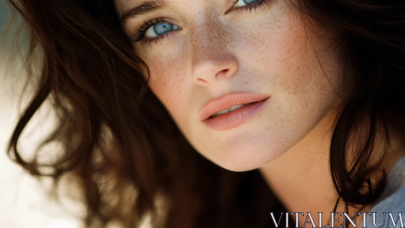 Freckled woman in soft light gazes with striking blue eyes.