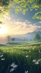 Sunrise waltz over wildflower meadows and misty hills.