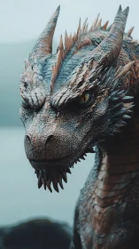 Resolute dragon gazes calmly across a misty shoreline