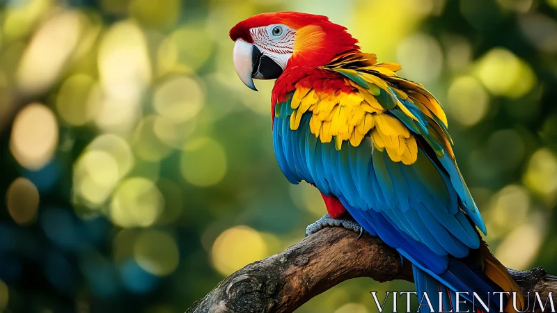 Vibrant scarlet macaw perched on branch in dreamy bokeh style.