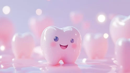 Cute Smiling Cartoon Tooth in Soft Pastel 3D Illustration.