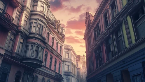 Pastel historic facades under cinematic sunset sky.