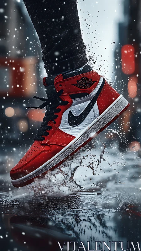 Red and white sneaker impacts wet urban pavement mid-stride