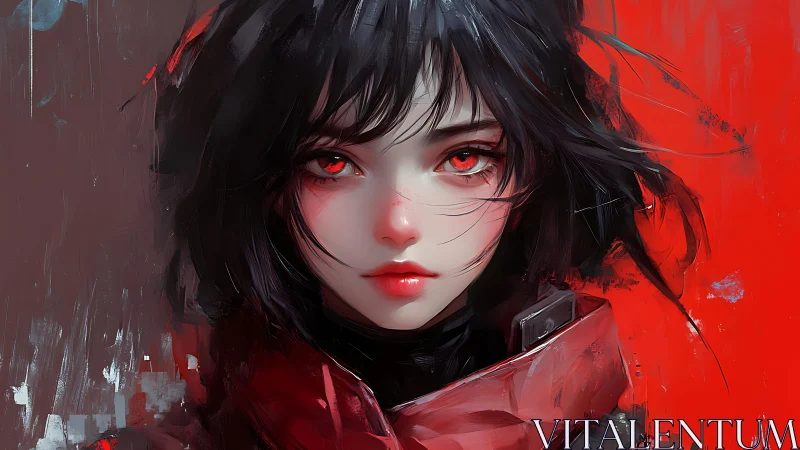 Crimson-eyed wanderer in storm-swept abstract scarlet haze.