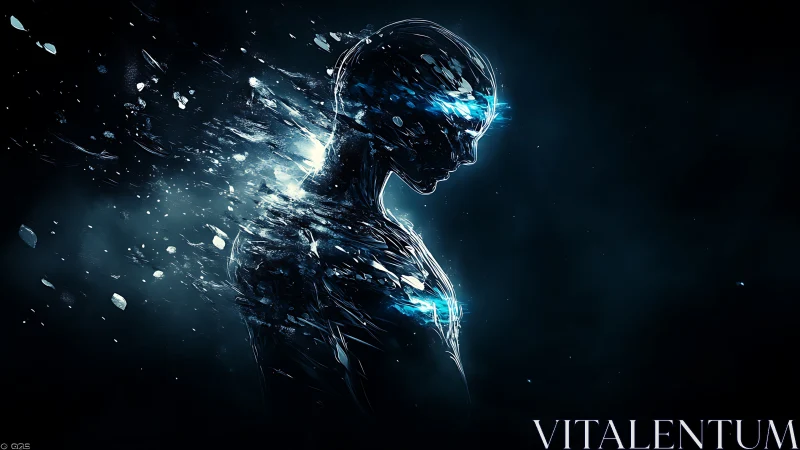 Luminous cyber silhouette drifting through a starry void.