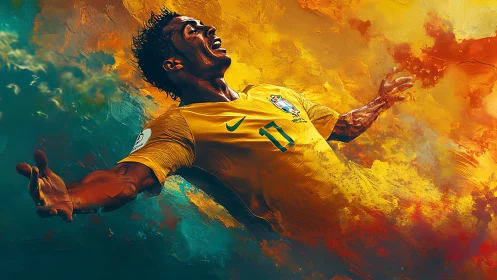 Brazil football player celebrating in vivid yellow clouds.