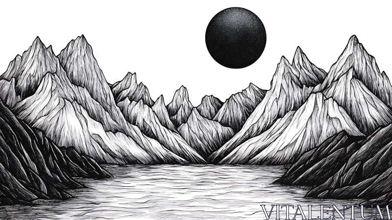 Monochrome alpine lake beneath a stippled celestial sphere