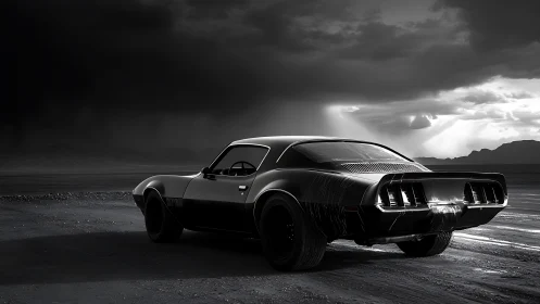 Monochrome muscle car under storm-laden desert skyscape.