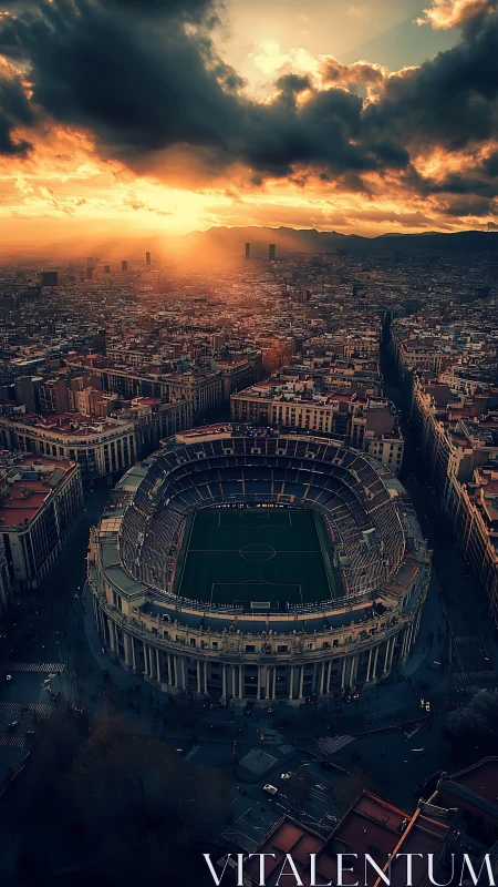 Urban football stadium under dense clouded sunset sky.