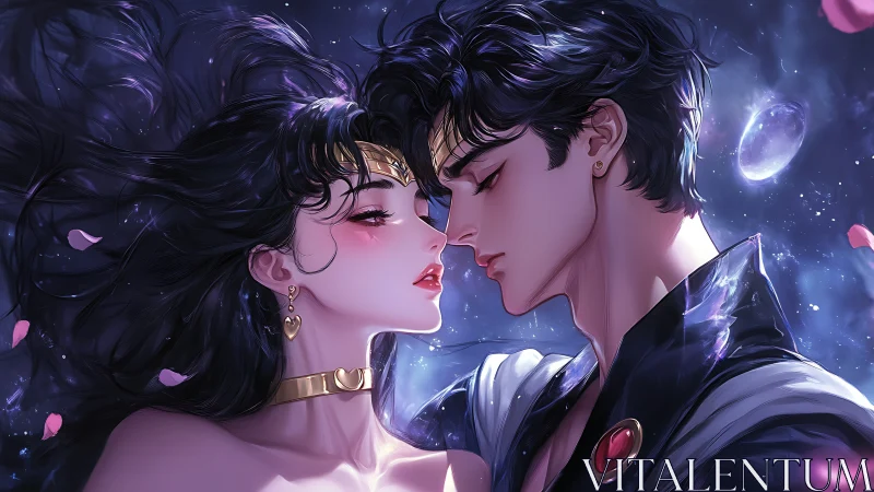 Star-crossed lovers drift in a midnight galaxy embrace.