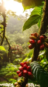 Ripening coffee cherries on branch in shaded forest understory.