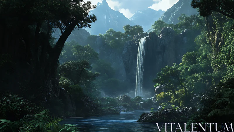 Cascading Waterfall Through Dense Tropical Gorge with Limestone Peaks
