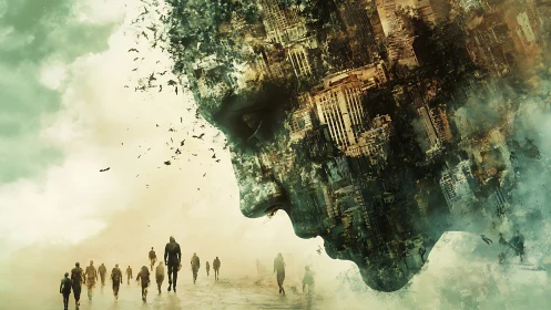 Urban ghost mind dissolving above wandering silhouettes.