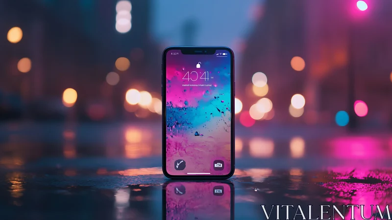 Neon Dreamscape Pocket Computer Glows Against Urban Twilight