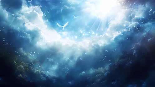 Celestial dove ascends through radiant cloudbreak sky.