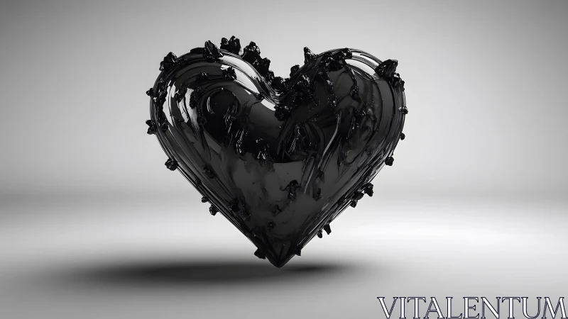 Abstract black heart sculpture with glossy, textured surface.