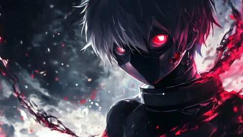 Masked white-haired fighter unleashes crimson energy storm.