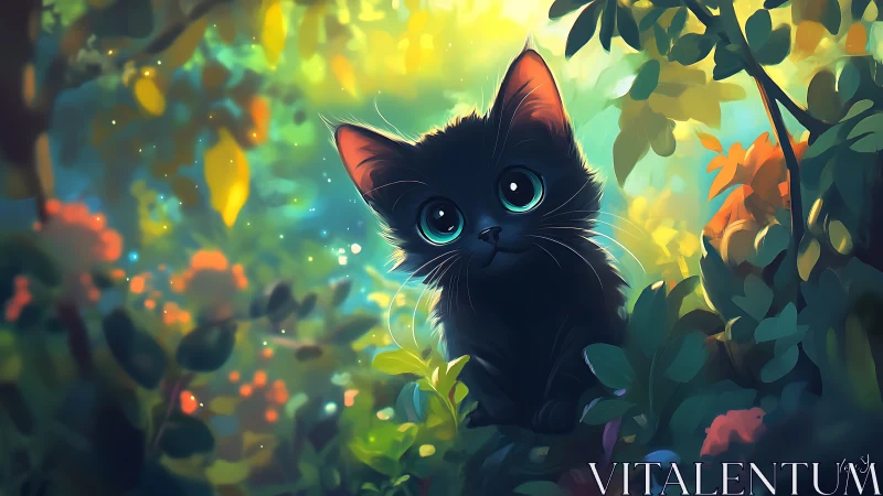 Luminous Whispers: Black Cat's Enchanted Garden Reverie