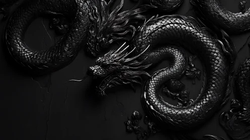 High contrast black serpentine dragon relief with glossy scales