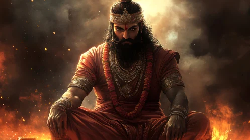 Fierce warrior saint seated amid smoke and fire glow.