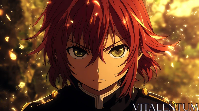 Fiery anime warrior stands defiant amid glowing embers