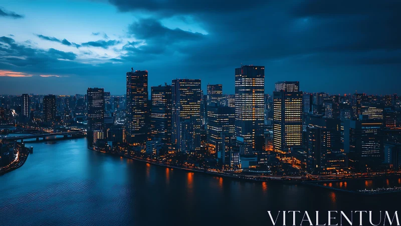 Dense riverside city skyline at blue hour, lit windows glow.
