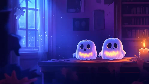 Glowing ghost pumpkins on haunted study table at night.