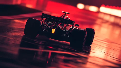 Rear-view single-seater racing car on wet night circuit