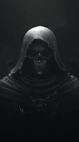 Hooded skeletal figure rendered in dark monochrome lighting