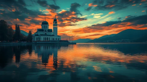 Lakeside Orthodox church at vivid cyan orange sunset reflection