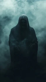 Cloaked necromantic wraith emerging through volumetric fog field.