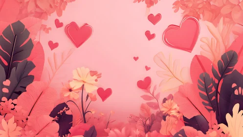Digital illustration depicting floral and cardiac motifs arranged on pink background