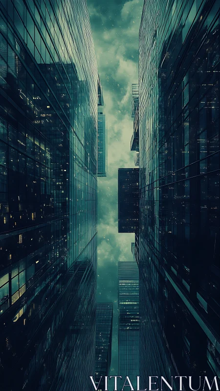 Glass skyscraper canyon rises into a moody teal night sky