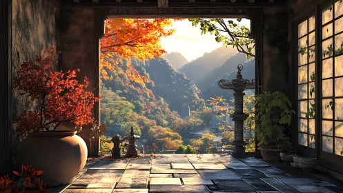 Sunlit mountain veranda wrapped in gentle autumn colors.