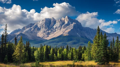 Layered mountain range rises above dense conifer forest