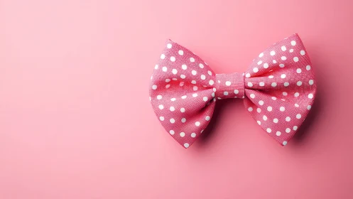 Textile macro of pink polka dot bow on monochrome ground.