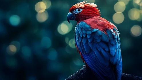 Vibrant red and blue parrot on branch, bokeh background, digital art.