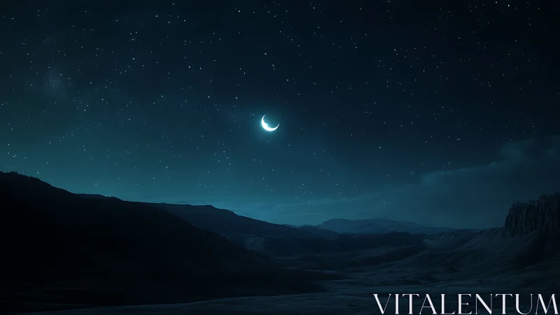 Crescent moon illuminates stratified desert valley at night
