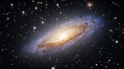 Shimmering spiral galaxy glows softly amid a calm starfield