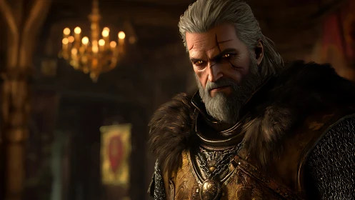 Scarred elder warrior in fur armor under warm chandelier.