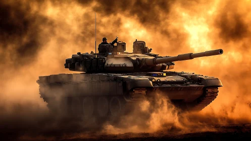 Blazing sunset glow surrounds a powerful modern battle tank